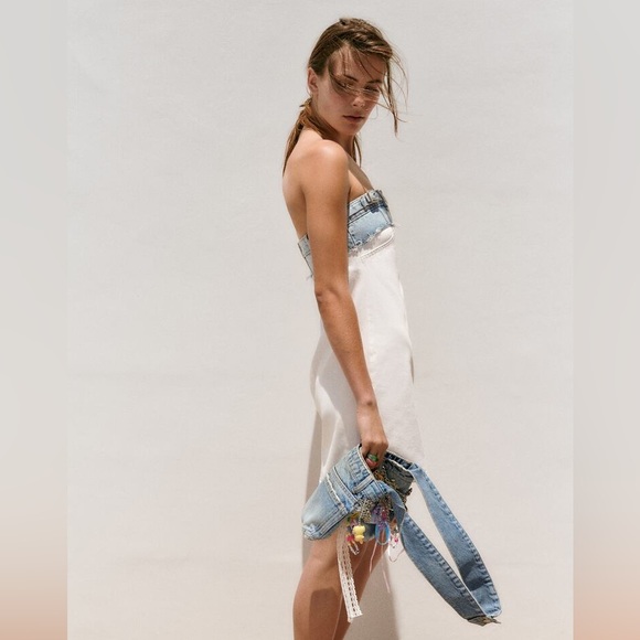 Zara Denim Mini Dress Sleeveless White Blue casual jeans bodycon - Picture 10 of 15